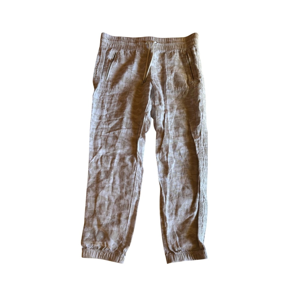 Athleta Cabo Tide Linen Jogger Pants Tan Camo Print Womens Size 12 Drawstring